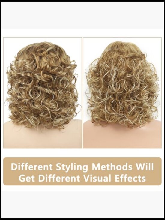 Short Blonde Curly Wig with Bangs Shoulder Length Shaggy Synthetic Full Wig main image 6
